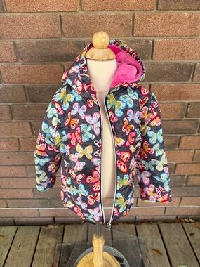 Penelope Mack Gray Butterfly Puffer Jacket with Pink Lining Size 4T